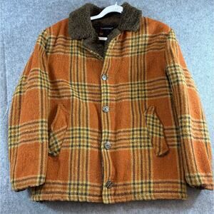 VTG 60s Towncraft Jacket Mens Medium Orange Plaid Sherpa Lined Wool Coat Hunting